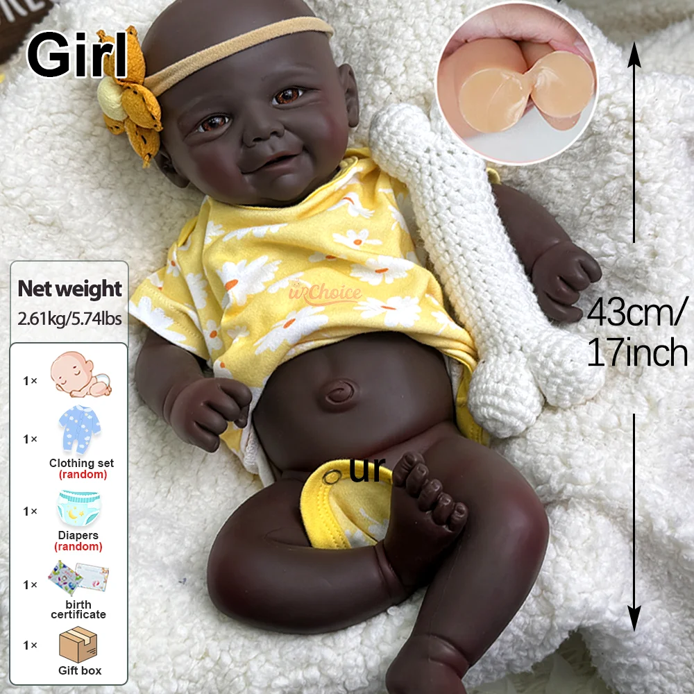 Realistische zwarte baby Vivienne zacht flexibel lichaam en engelachtige glimlach 17 inch volledige siliconen herboren pop voor verzamelaardiplay
