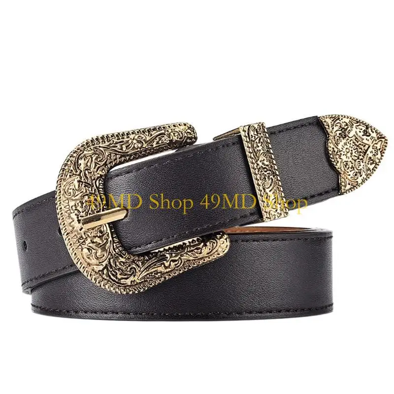 

49MD Waist Belt Floral Buckle Punk Carved Buckle PU Belt Vintage Buckle Jewelry