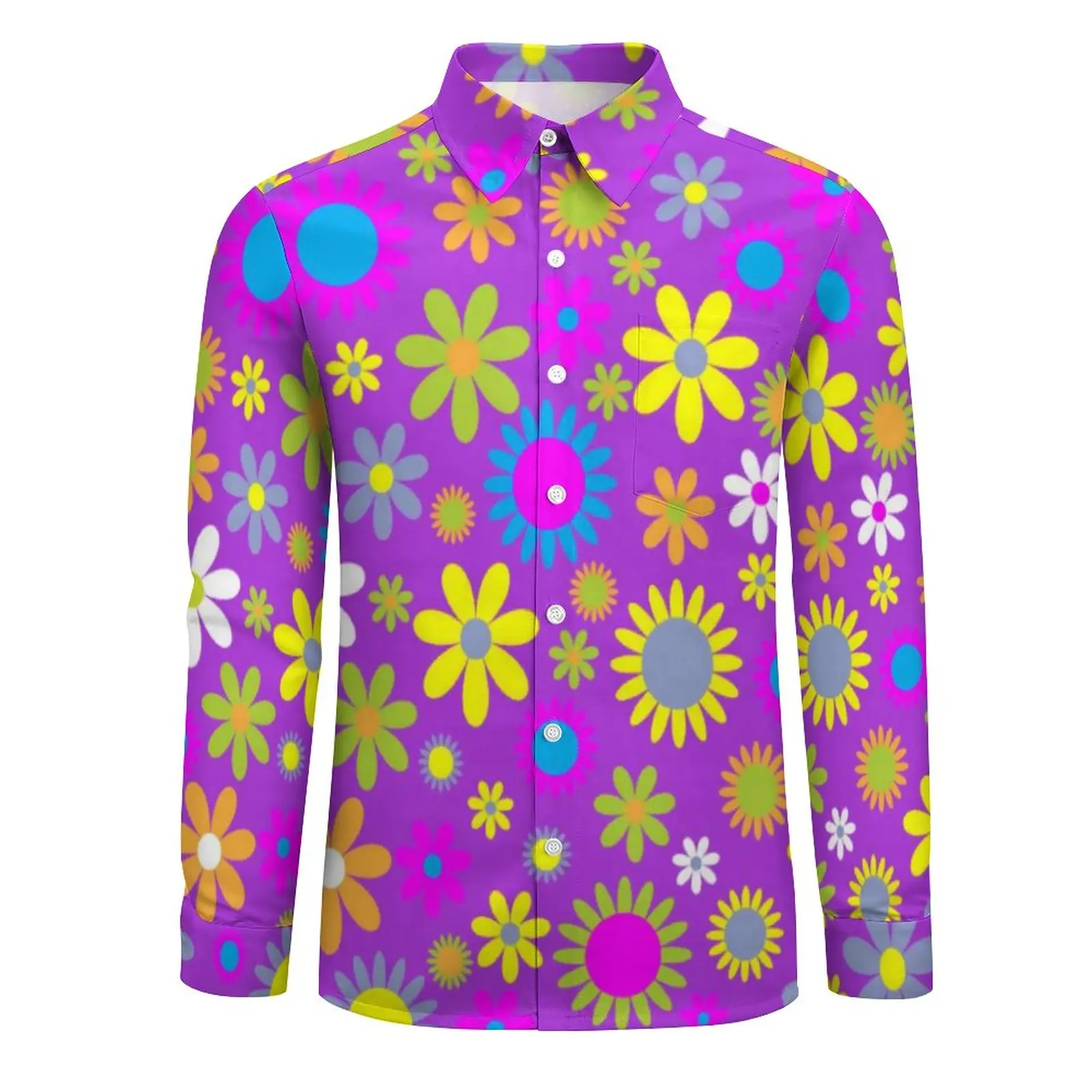 Rsychedelic Flower Power Shirt Men Retro 60s Print Casual Shirts Stylish Design Blouses Long Sleeve Novelty Oversized Clothes