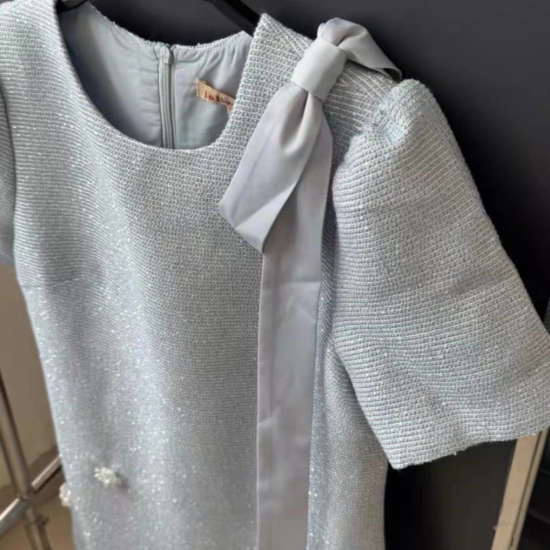 Elegant Socialite High-End A-line Dresses 2024 Summer New French Temperament Bow Tie Beaded Short Sleeve Loose Slim Mini Dress