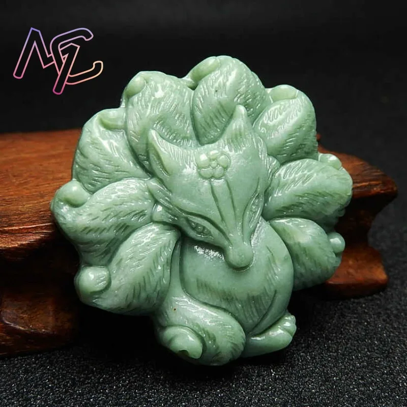 Guizhou Jade Nine Tailed Fox Pendant Necklace Accessories Jewelry Amulets Green Gifts Women Natural Carved Real Charms