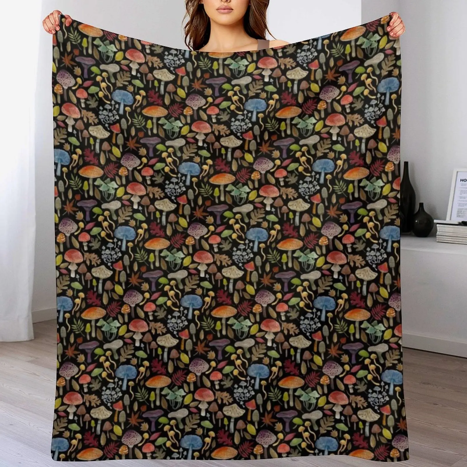 

Watercolour Toadstools on black - small scale - Autumnal pattern by Cecca Designs Throw Blanket Travel Decorative Throw Blankets
