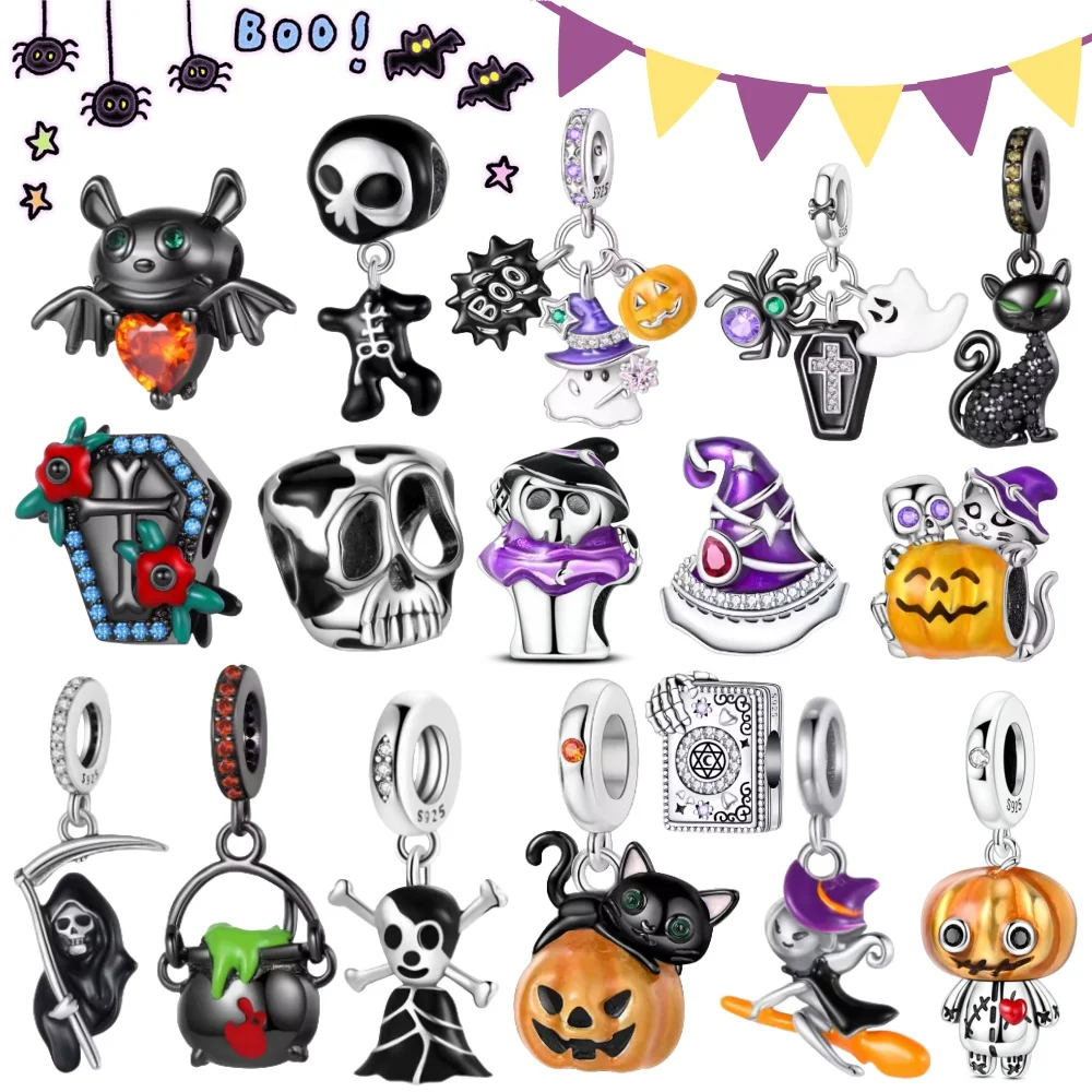

Halloween 925 Charms Gothic Witch,Pumpkin Cute Bat Skull Beads Charm Fits Brand Bracelet Necklace Fine Halloween Jewelry Gifts