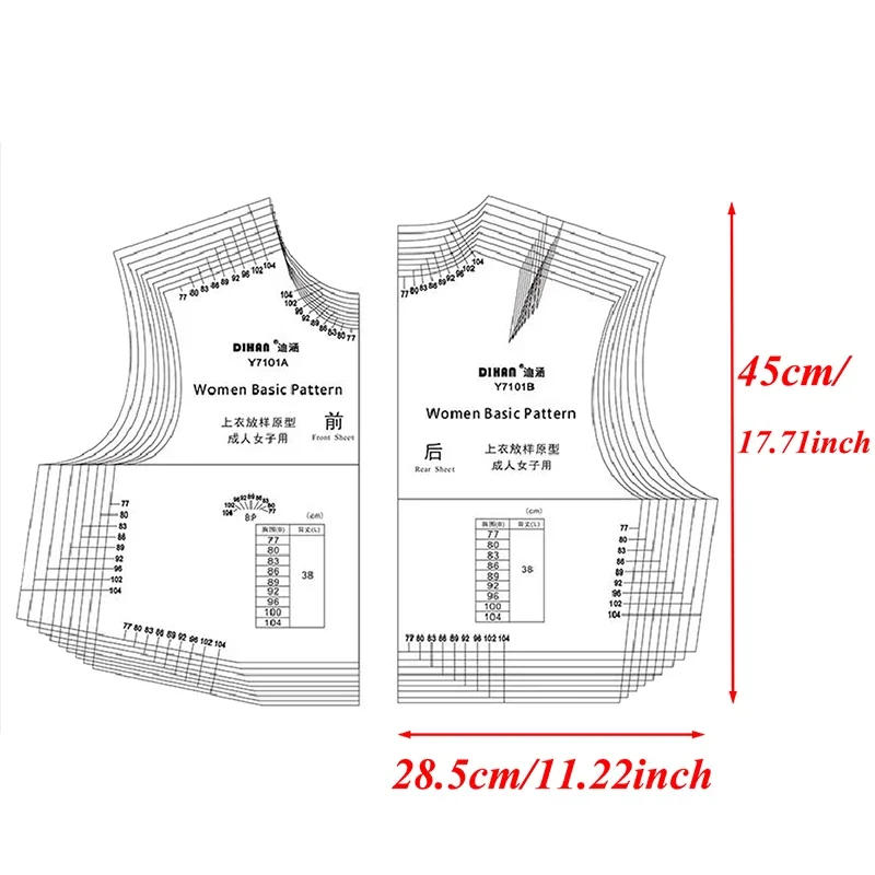 Reusable Plastic Pattern Ruler with Adjustable Sizes (77-104cm Bust) - Nine Sizes in One, Ideal for Sewing Women\'s Garments