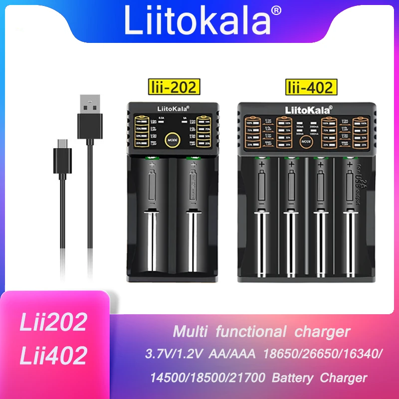 

LiitoKala Lii-202 Lii-402 Lii-M4 Lii-M4S Lii-S2 Lii-S4 3.7V 18650 18350 26650 14500 16340 NiMH lithium battery smart charger