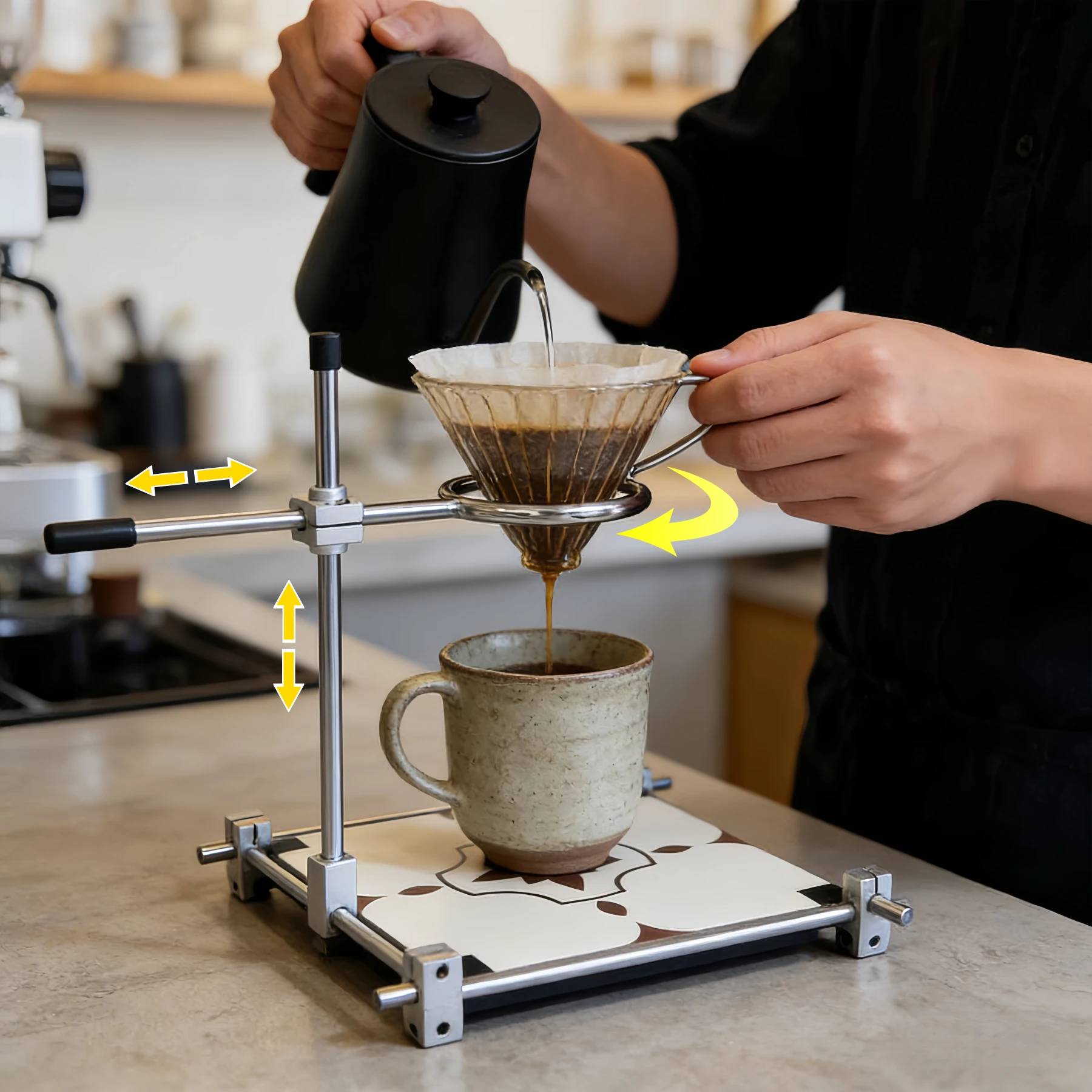 Handcrafted pour-over coffee stand. Adjustable height, customizable design, perfect for cafes and coffee lovers.