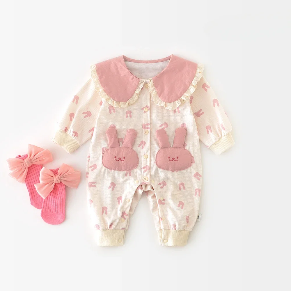 Newborn Romper 2025 Spring And Autumn New Cartoon Print Baby Girl's One Piece Clothes Pocket Jumpsuit