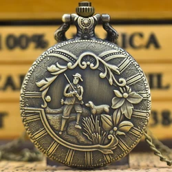 Vintage Bronze Pattern Hunter With Dog Pattern Male And Female Students Gift Quartz Necklace Pocket Watch