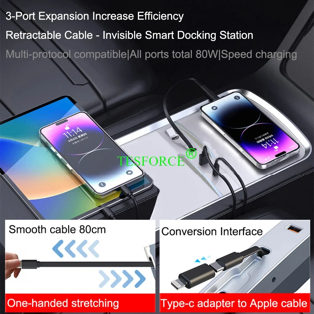 For Tesla Model 3 Highland 2023-2024 Dedicated Docking Station HUB Center Control Expansion 3 Ports USB TYPE-C Retractable Cable