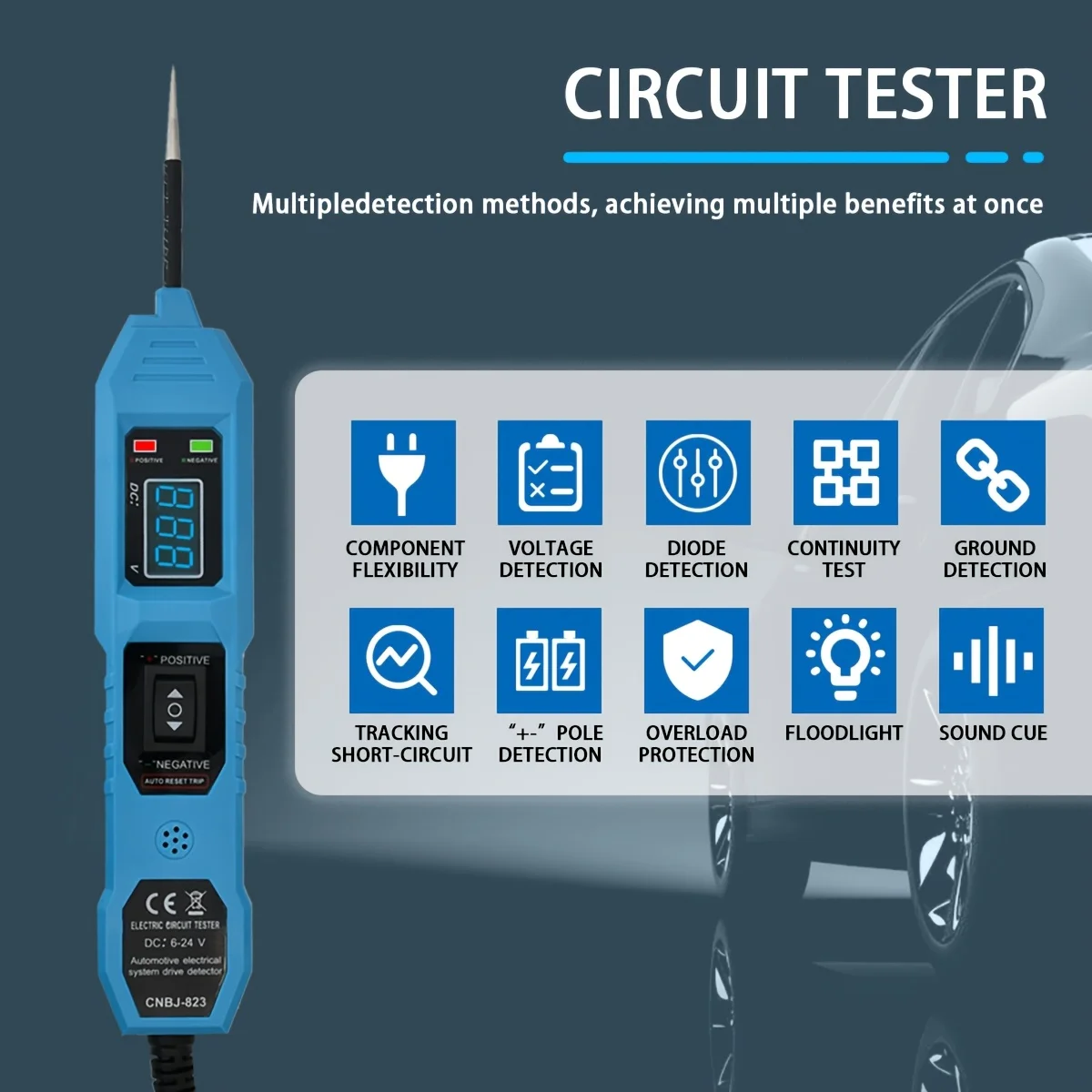 جهاز اختبار دائرة السيارة الذكي مع شاشة عرض جهد LED، يعمل بمنفذ USB، متوافق مع الأنظمة الكهربائية للسيارات بتيار مستمر 3.5-36 فولت، مسبار رقمي متعدد مع مشابك التمساح