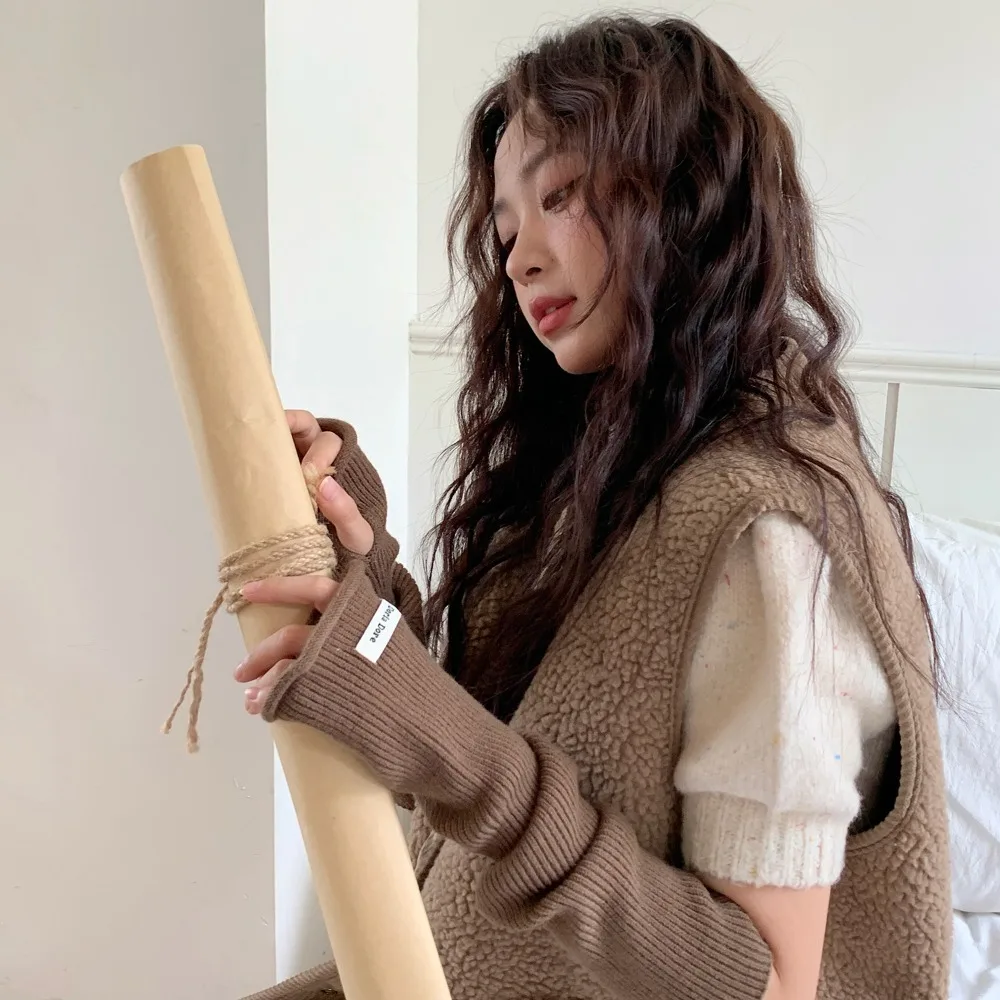 

Рваные вязаные нарукавники в корейском стиле Y2K, теплые, без пальцев, однотонные, весенние