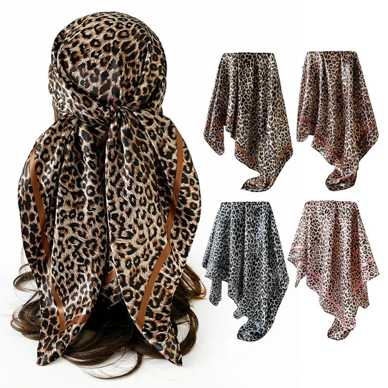 90*90cm Luxuriöses Quadratisches Tuch für Damen Eleganter Damen-Hijab Leoparden-Halstuch Weiches Satin-Seidentuch Langes Schal