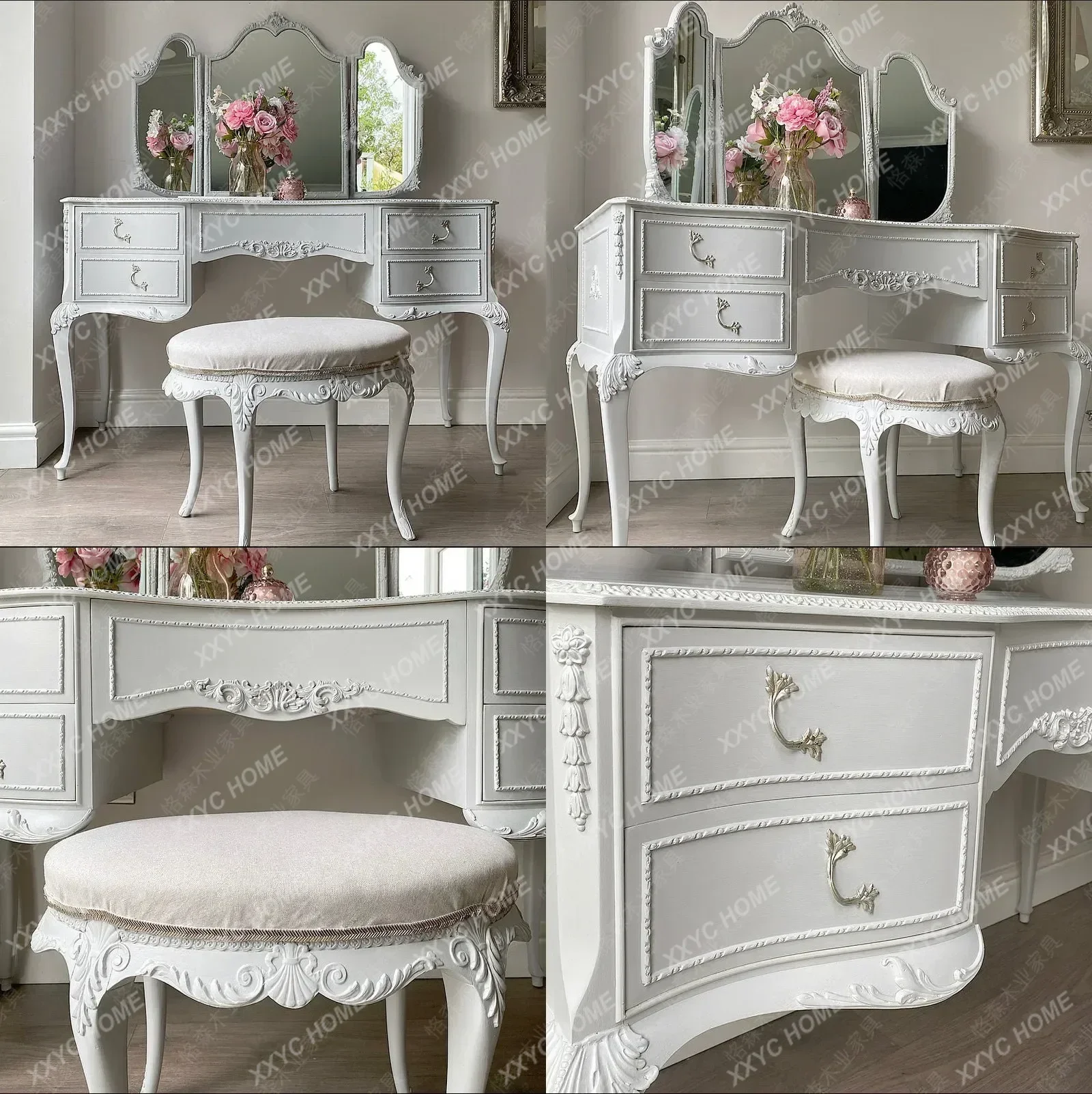 XXSolid Wood Carved Vanity Table Dresser With Mirror & Stool, White Vintage Bedroom Makeup Desk For Home Villa