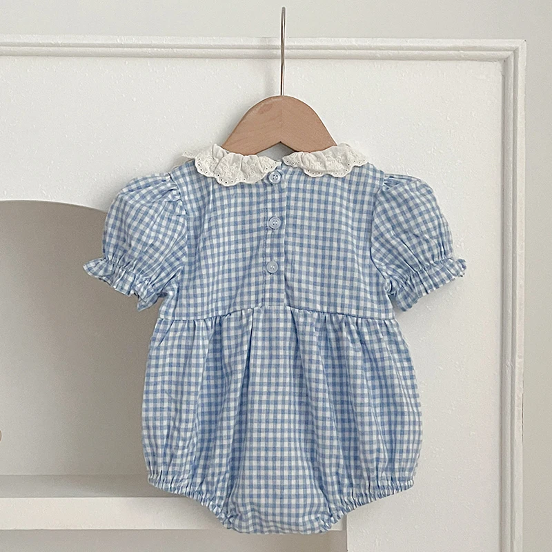 New Summer Baby Girls Romper Newborn Lace Clothing Vintage Blue Grid Infant Embroidery Jumpsuit Toddler Girls One-Piece Clothing