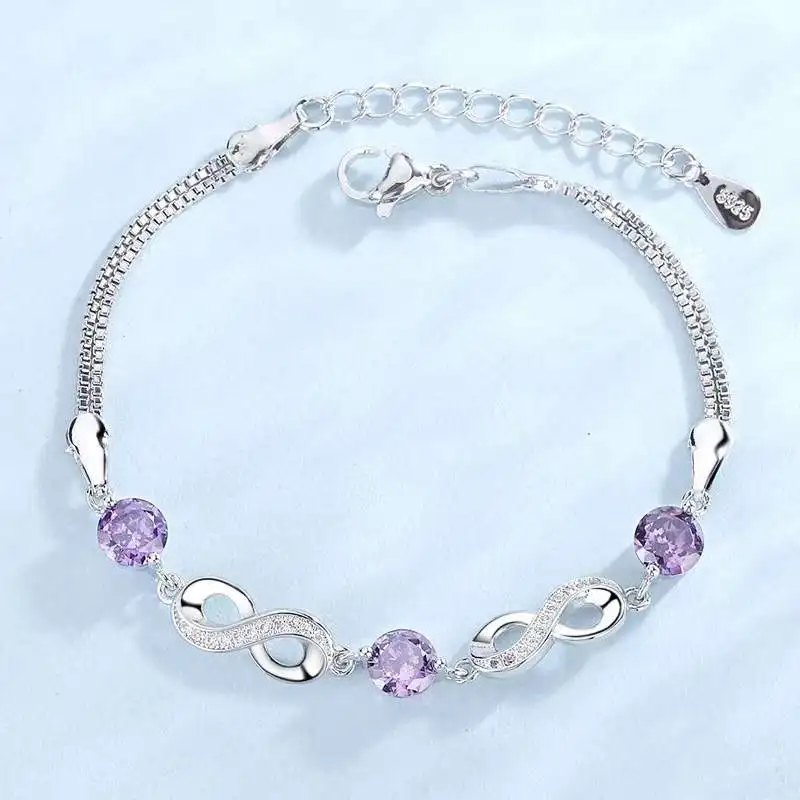 Trendy 925 Sterling Silver Infinity Charm Bracelet for Women Purple Crystal with CZ 8