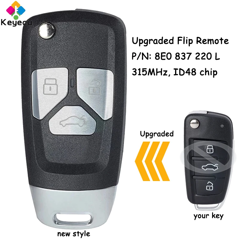 

KEYECU Upgraded Flip Remote Car Key With 3 Buttons 315MHz ID48 Chip for Audi A3 A4 A6 S4 Q7 TT Fob P/N: 8E0837220L 8E0 837 220 L