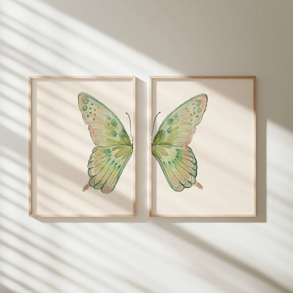2pcs Frameless,2D Flat ,Frameless,Green Pink Butterfly Watercolor,Nursery Wall Art,Digital Download,Simple Animals,Living Room D