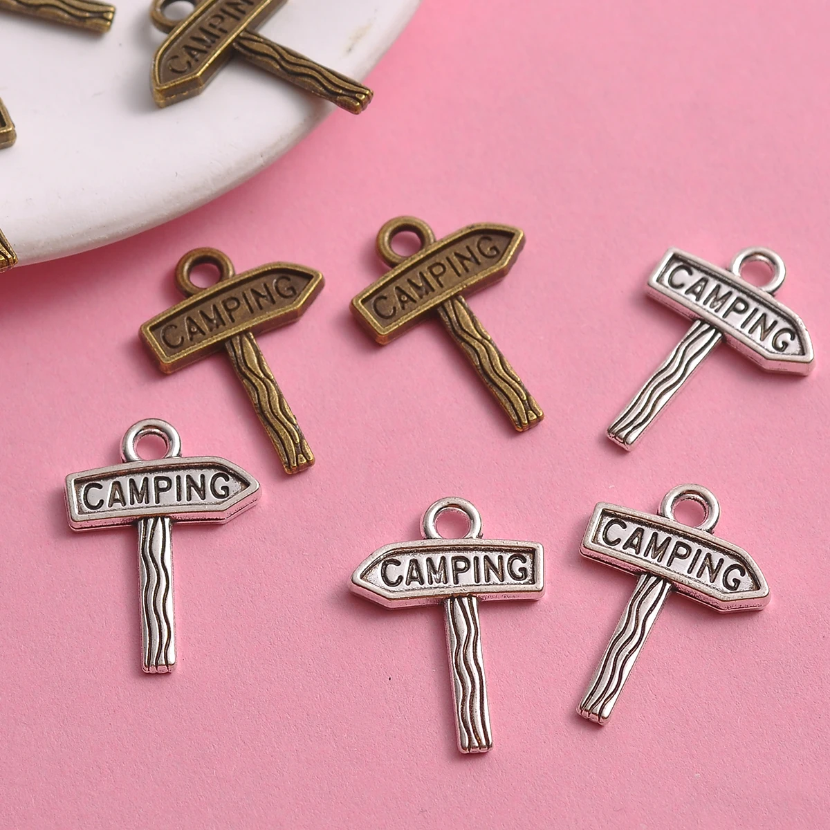 15 Camping Sign-Shaped Pendants Available in Two Colors, Engraved with English Road Signs, Suitable for DIY Bracelets, Necklaces, Earrings, Outdoor-Style Handmade Beaded Jewelry Accessories - view 6