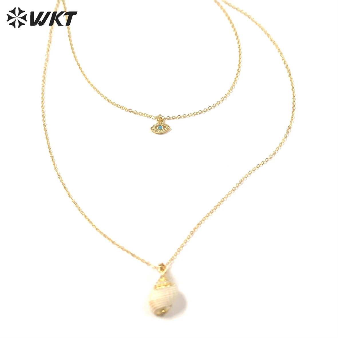 WT-JN174 WKT Double Necklace for Female with Shell Conch Stacking Wearing Sweet Cool Mini CZ Jewelry Wholesale Fashion Necklaces