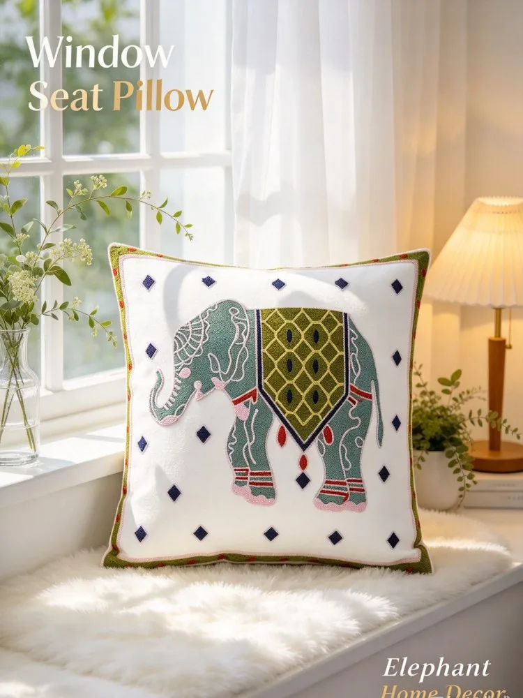 VIKAMA New Arrival Elephant Boho Pillow Cover, White Green Tribal Decorative Cushion Case, Colorful  Throw Pillowcase for Sofa
