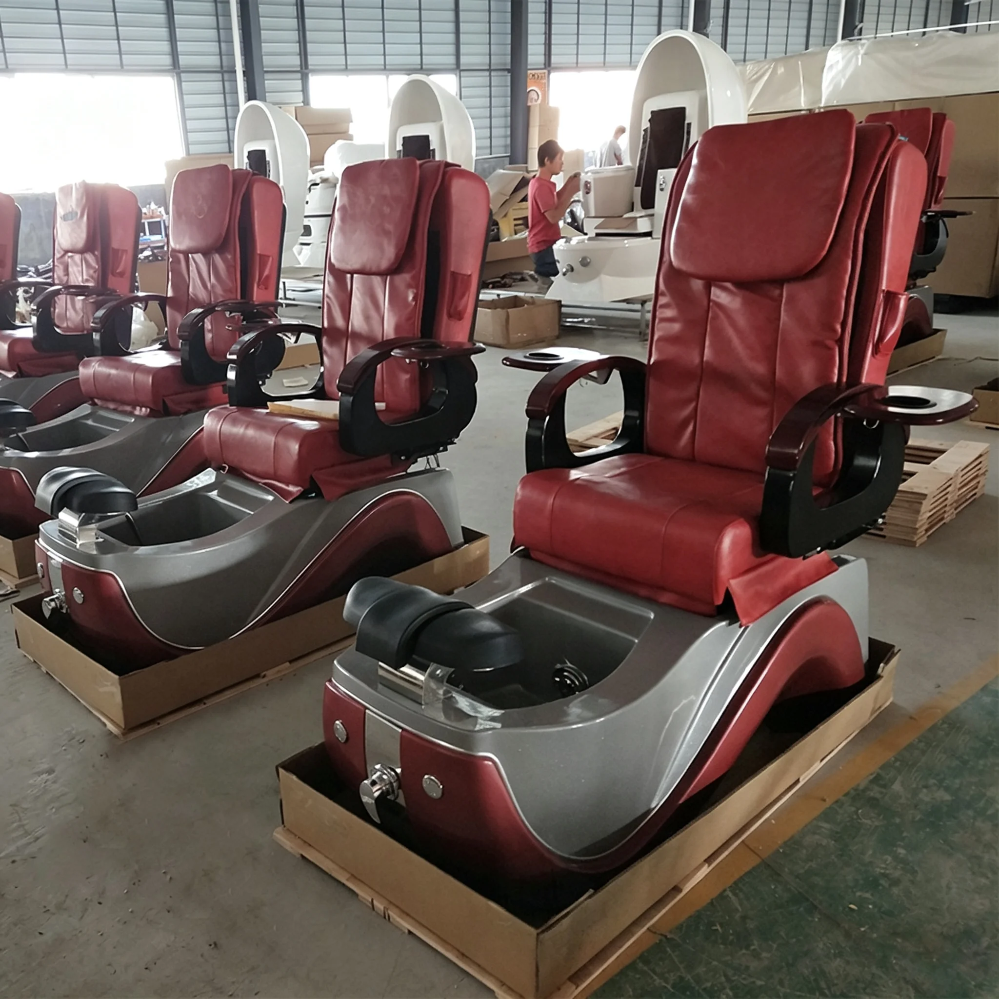 Silver Base Electric Pedicure Chair Burgundy Heated Foot Spa Massage Salon Chair