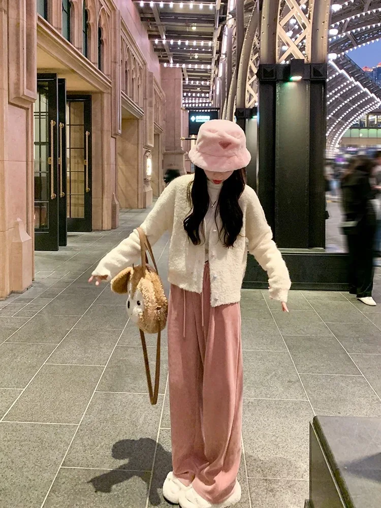 부드럽고 아늑한 곰털 니트 블루 라운드 넥 오픈 가디건 여성용 가을 신상 달콤하고 루즈핏 롱 스웨터