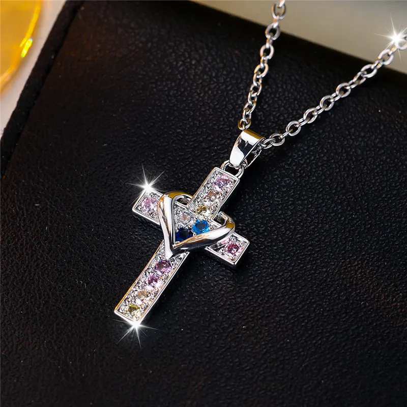 Charm Female Rainbow Heart Cross Pendant Necklace Vintage Silver Color Wedding Jewelry Gift For Women