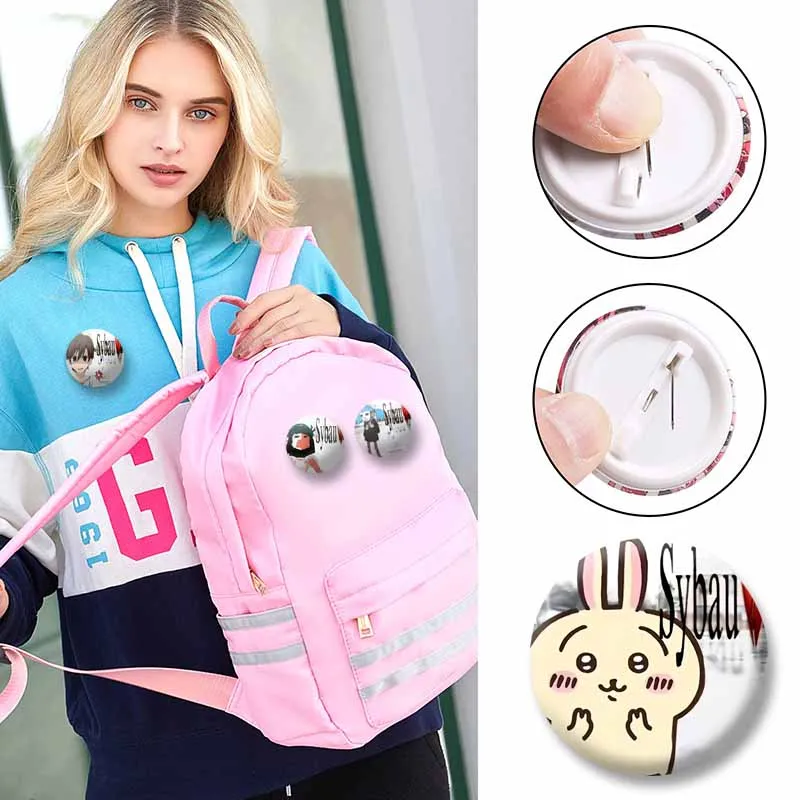 58mm Funny Sybau Meme Badges Custom Cartoon Character Lapel Pins Handmade Round Brooches for Bag Jewelry Accessories Xmas Gift