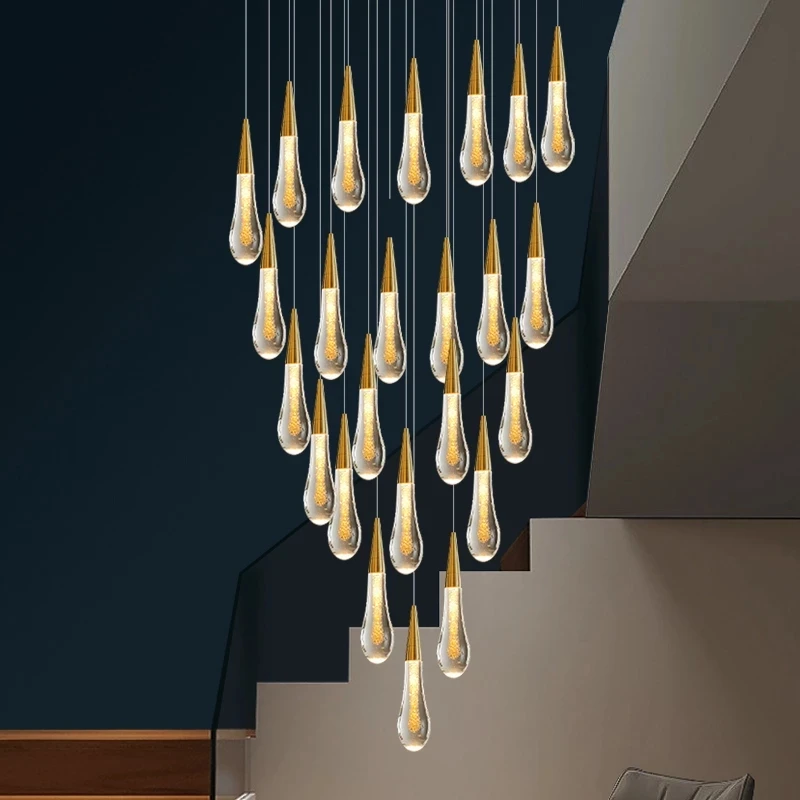 

Modern Simple Water Drop Led Chandeliers Duplex Building Revolving Stair Lighting Creative Personality Villa Luxury Pendant Lamp