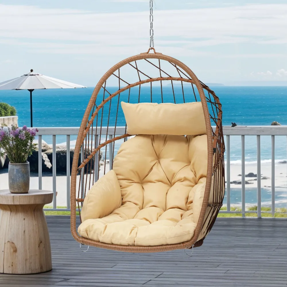

Hanging Egg Chair Rattan Wicker Waterproof Patio Swing Steel Chain w/ Cushion