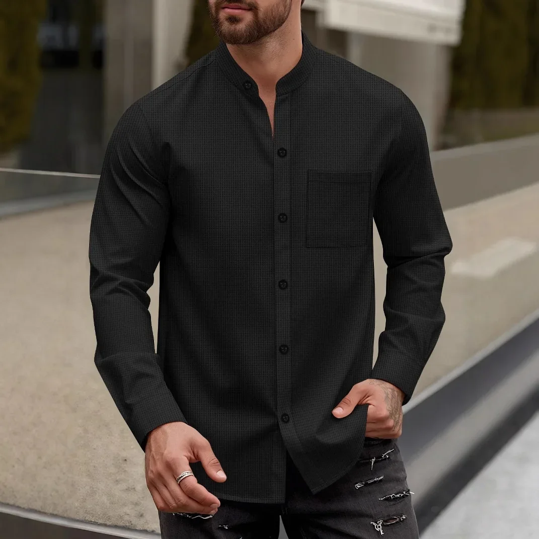 Long Sleeve Shirt Casual Top for Spring and Autumn Solid Color Cardigan Breasted Stand Collar