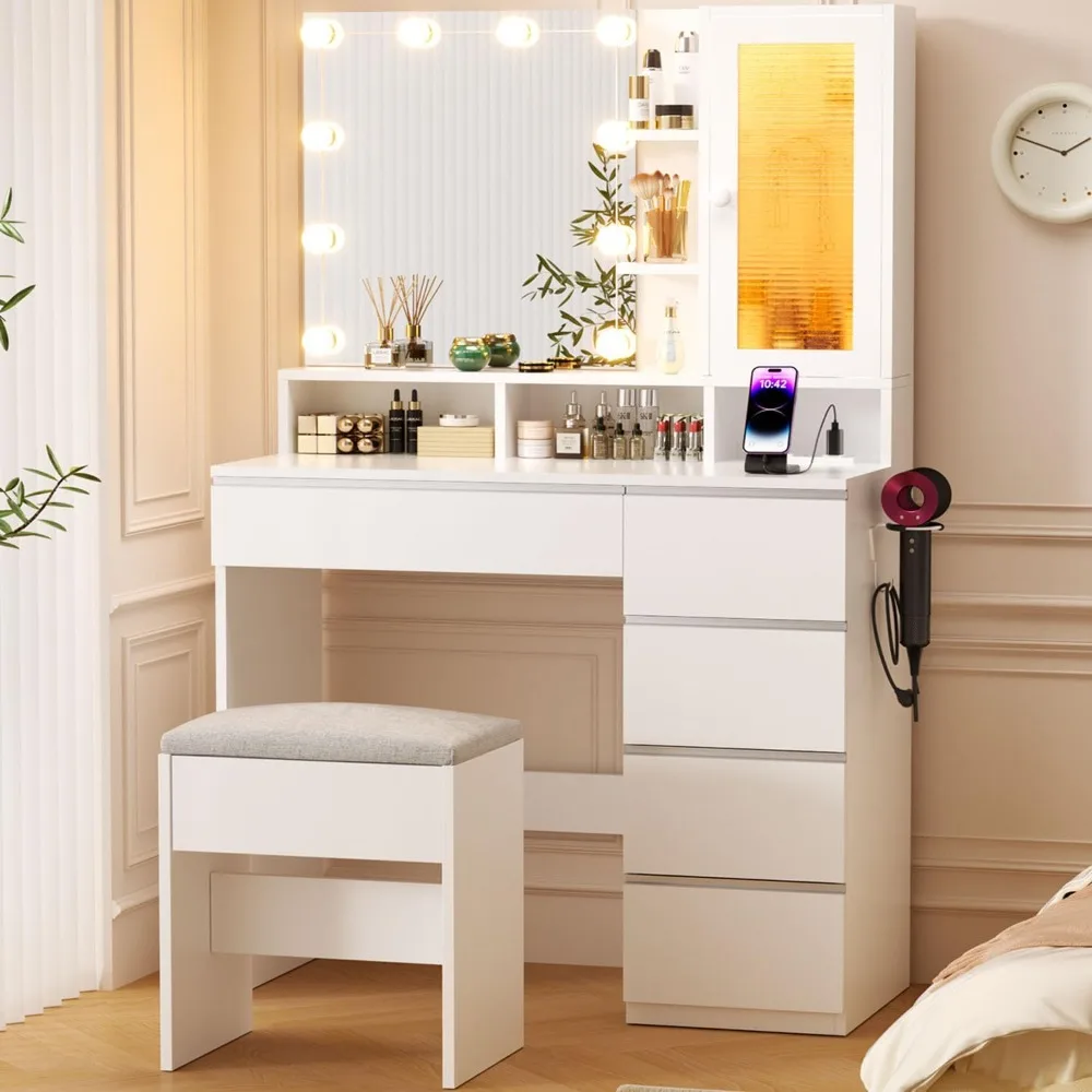 

Vanity with Mirror and Lights, 35.43" Makeup Vanity Desk with Stool and Power Strip,Dressing Table with 6 Drawers and 6 Shelves