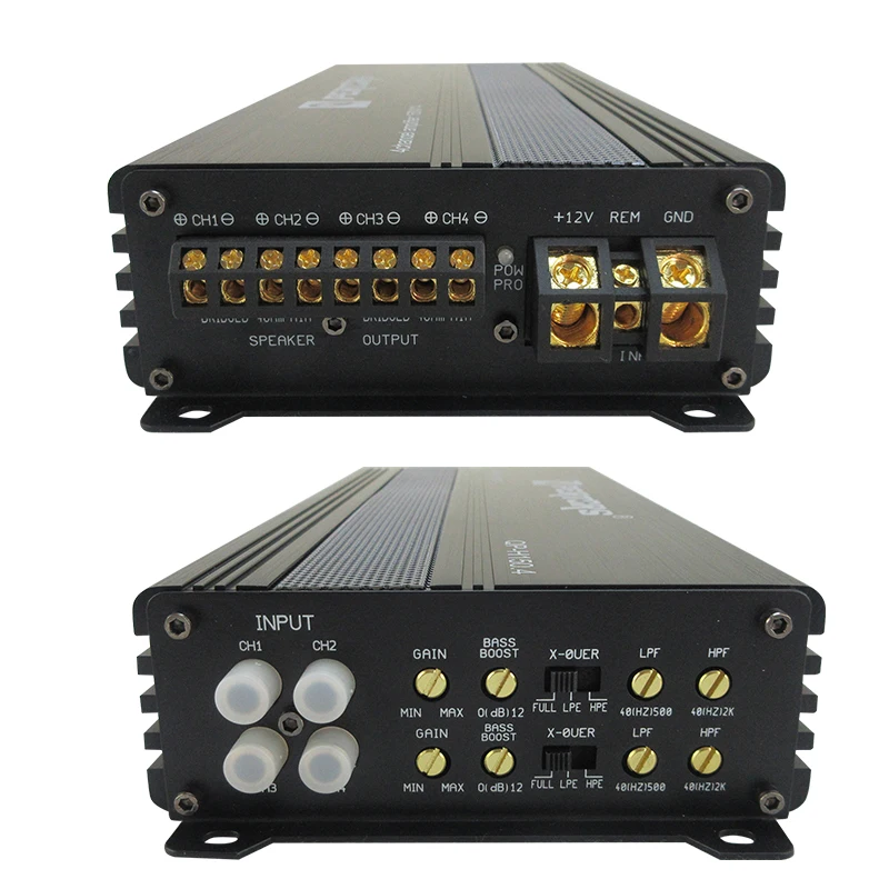 H150.4 Pure copper terminals 4-Ch Car Audio Amplifier RMS 150W*4@2Ω/RMS 100W*4@4Ω Aluminum material with High heat dissipation;