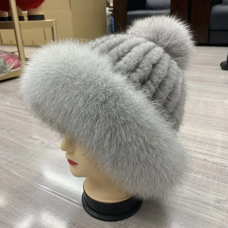 

Real Fur Hat Winter For Women's Caps Natural Mink Fur With Fox Fur Hat Luxury Brand New Solid Russian Sun Knitting Buckets Hat