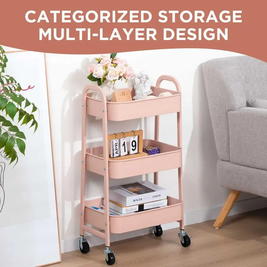 

Makeup Cart, Movable Rolling Organizer Cart, 3 Tier Metal Utility Cart, Rosiness