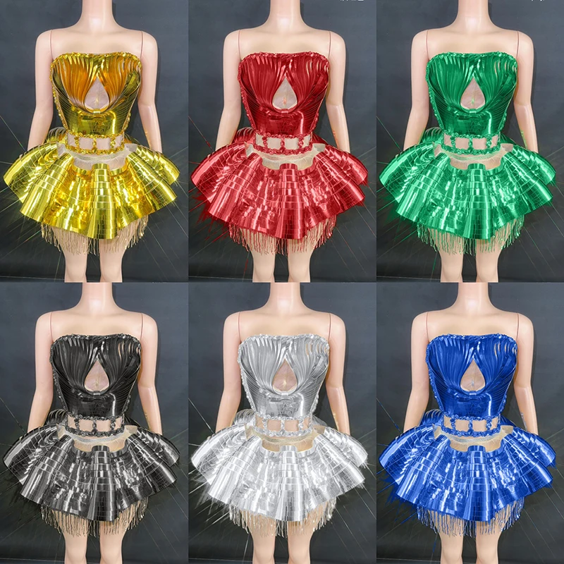 Multi color Mirror Reflective Bra Short Skirt Show Party Dress Nightclub Bar Performance Stage Costume Drag Queen Dress DN15873