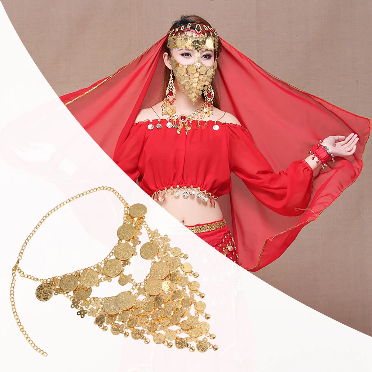 

Metallic Gold Mask Chain Dance Veil Mask for Performance Parties Sequins Bells Masquerade Half Face Masks Chain