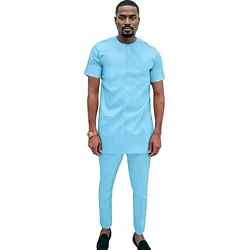 Afrikanische Kleidung himmelblaue Baumwolle elastische Herren Set Kurzarm Top Hose nigerian ische Mode Kleidungs stück ultra dünn und atmungsaktiv
