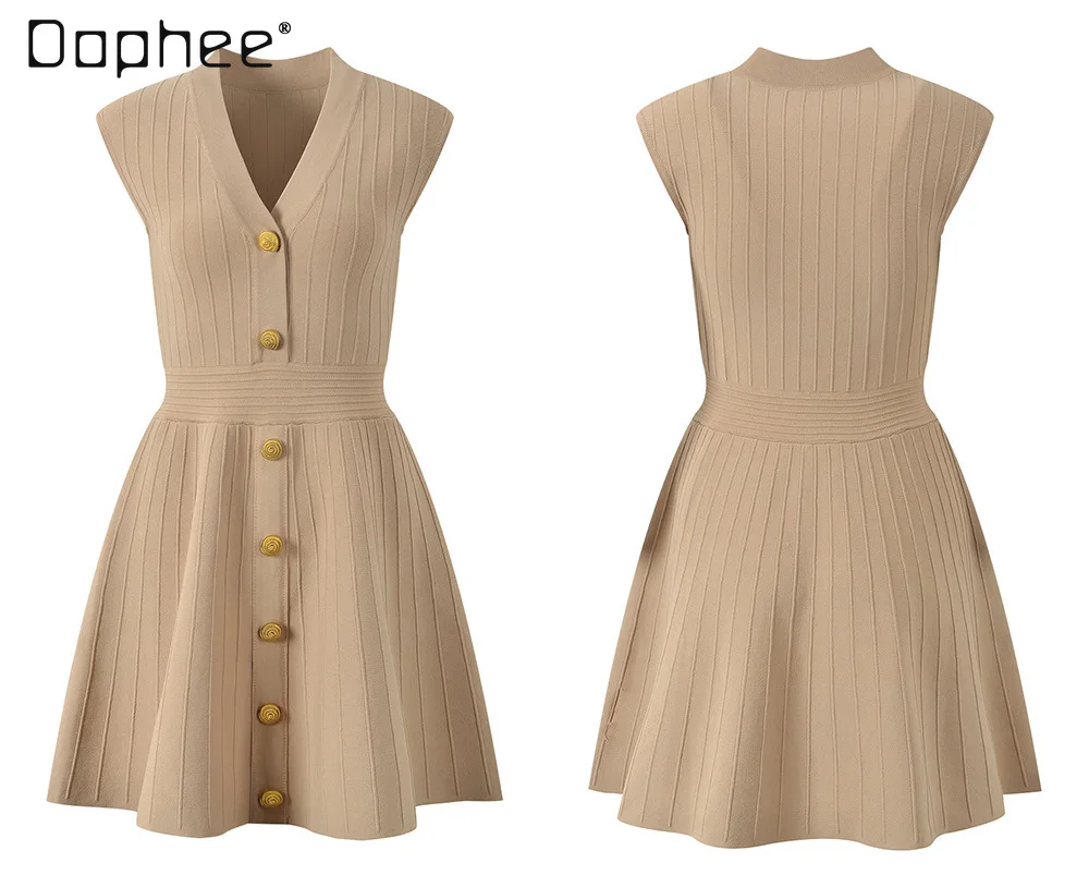 Vestidos de Noche de alta sociedad de estilo francés para mujer, minivestido elegante de oficina con cuello en V y hebilla de Metal, sin mangas, de un solo pecho