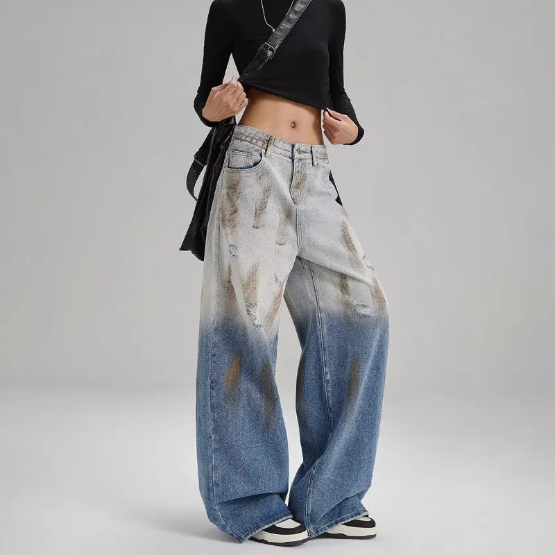 Dirty Dyed Blue Wide Leg Pants Retro Gradient Color Casual High Street Loose Denim Pants Korean Fashion Y2k Jeans Streetwear