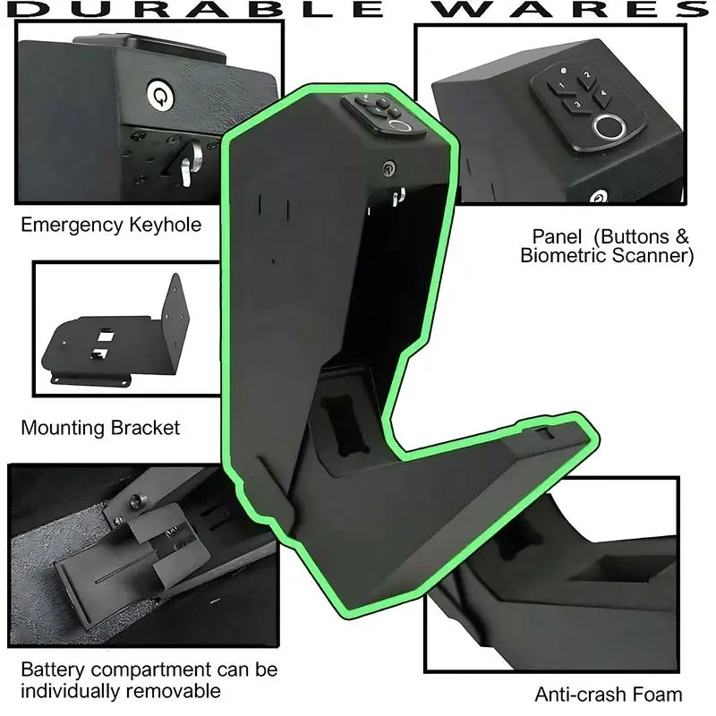 Biometric Gun Safe for Nightstand, Wall, Truck.Auto - open, hidden design.Features fingerprint access, 4 - button backlit keyp