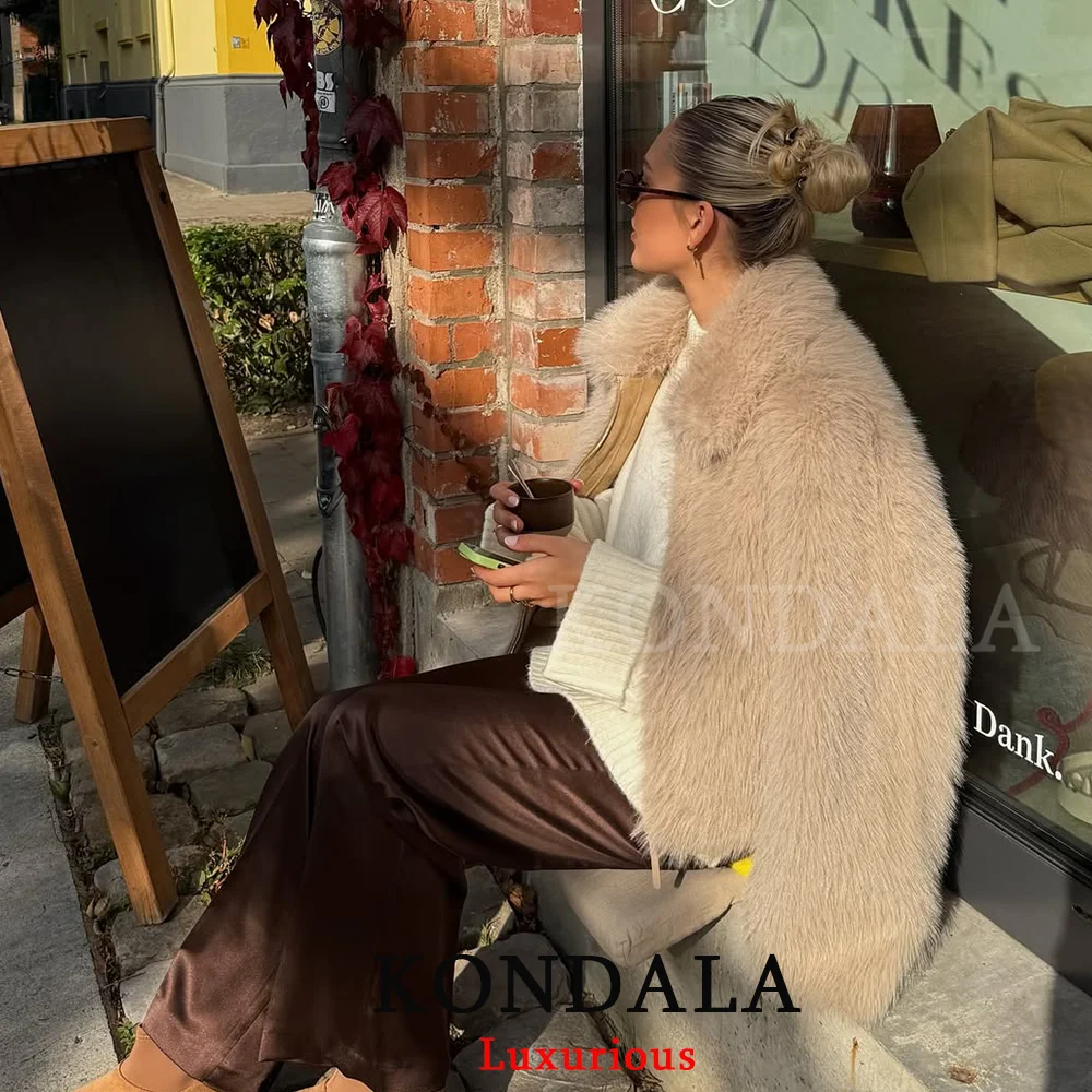 KONDALA Casual Faux Fur Zipper Jackets Long Sleeve Loose Vintage Turn Down Collar Coats Fashion 2025 Autumn Winter Thick Outwear