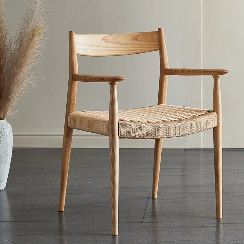Nordic solid wood dining chair, home dining back chair, Japanese style simple rope book chair, log leisure armchair