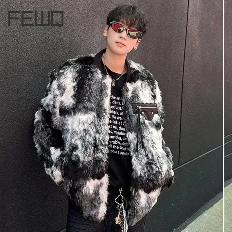 FEWQ Tie Dyed Lamb Wool Men Cotton Jacket Splicing Color Plush Coat Autumn 2024 Contrast Color Male Tops Fashion 24E5360