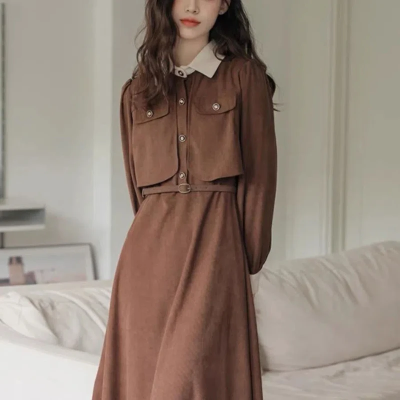 

Autumn Winter Fake Two Pieces Dresses Women Sailor Collar Button Patchwork Korean Fashion Preppy Style Loog Sleeve Long Dresses