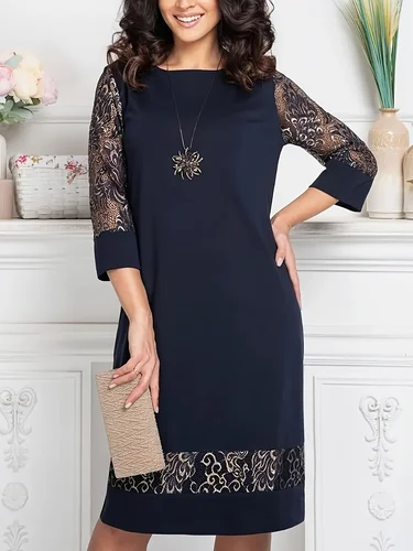 Nuevo vestido con encaje patchwork cuello redondo y mangas de 7 pulgadas para efecto adelgazante y adelgazante