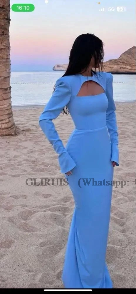 Ligt Blue Black White Women Evening Dresses Formal Party Dress Long Sleeves O-Neck Occasion Night Gowns Custom Made Customized