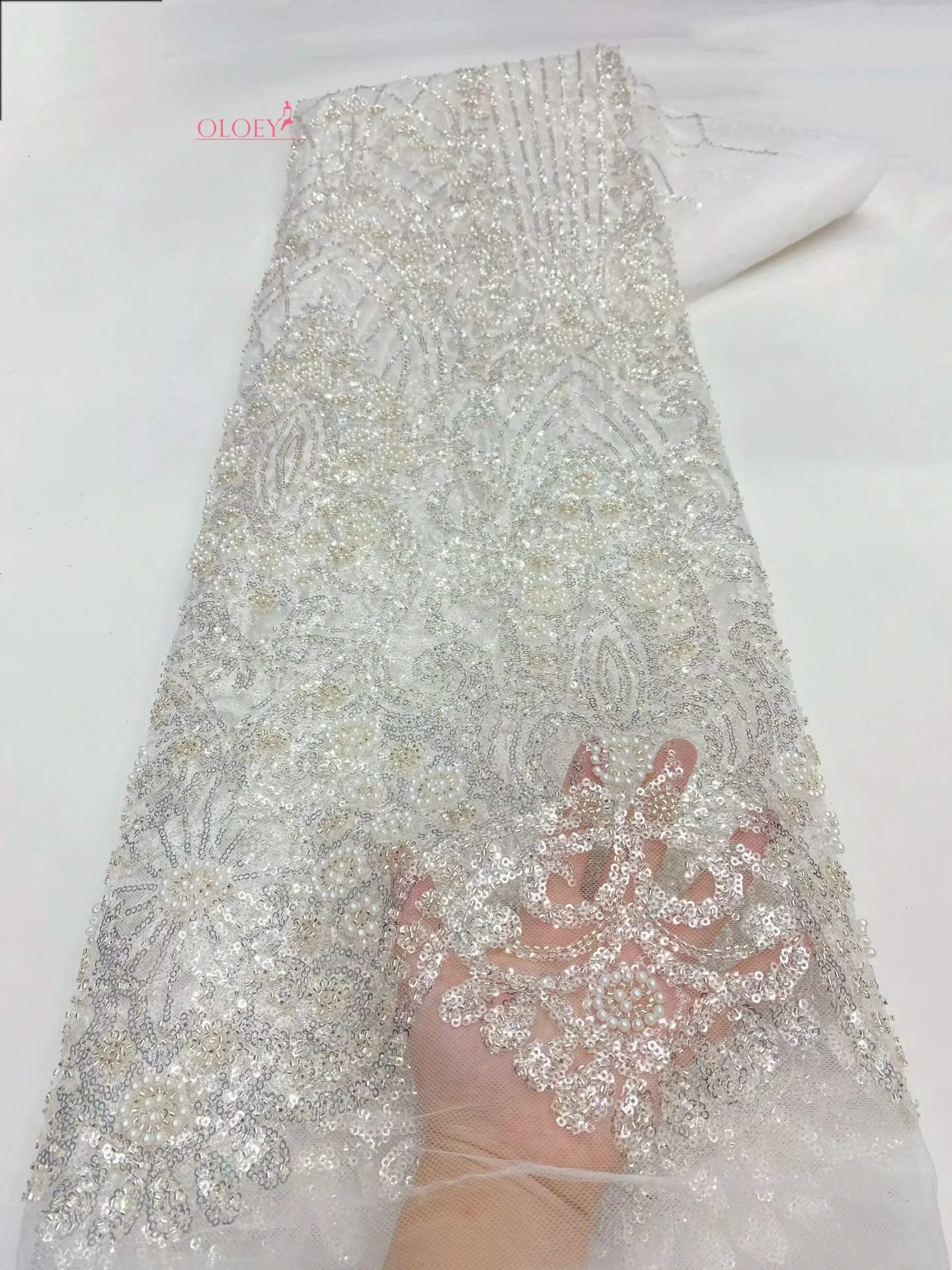 

OLOEY Africa Nigerian Beaded French Mesh Lace With Sequins High Quality 2026 Embroidery Lace Sequins Lace For Wedding Dresses W