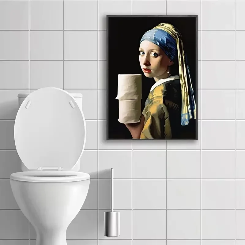 Funny Mona Lisa Wearing Pearls Girl Bathroom Toilet Decoration Painting Roll Paper Canvas Prints Posters Home Wall Decor Picture