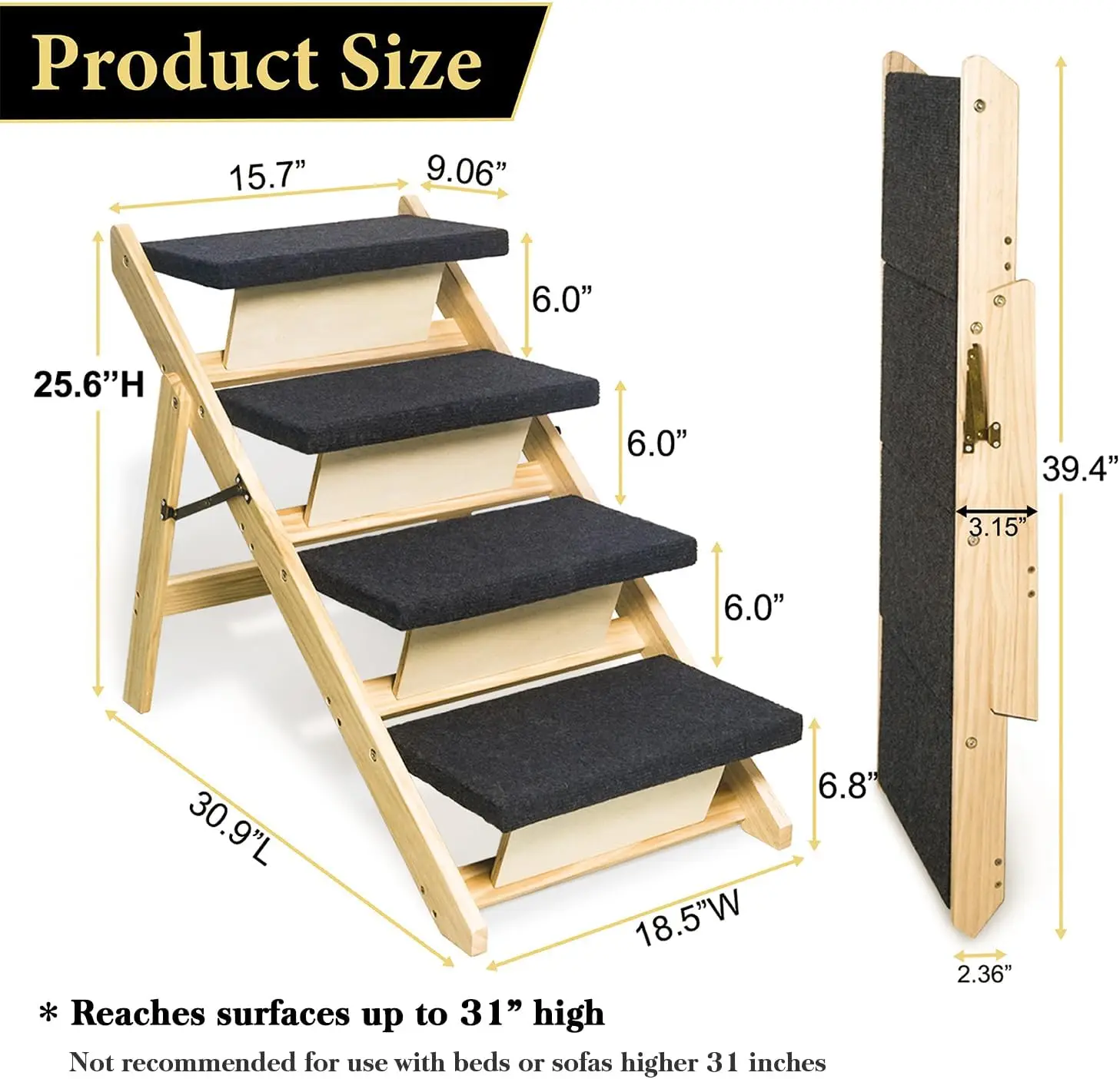2-in-1 Dog Stairs/Ramp with 4 Steps, Foldable Dog Stairs for High Beds Cars Couch, Durable Wooden Pet Stairs for Small Medium La